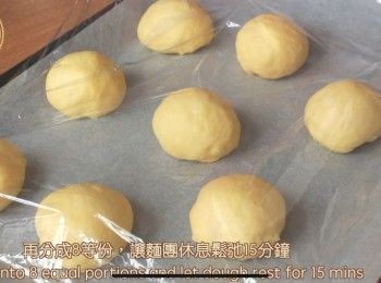 step2: 麵團按壓排氣後再平均分成8個小麵團，然後蓋上保鮮紙靜置休息15分鐘