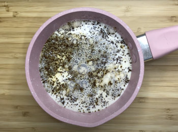 step3: 拿鐵層，咖啡粉、砂糖、牛奶加熱至砂糖溶化，關火加吉利丁粉，攪拌至溶化