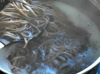 step1: 煮一鍋水，水滾後放入蕎麥麵煮5分鐘。時間到後撈出放入冷水中降溫。