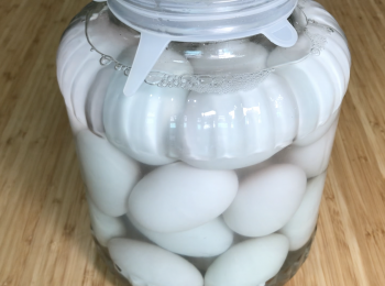 step5: 把鴨蛋放進玻璃瓶，加入高濃度白酒和鹽水，密封醃25-35天