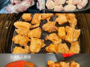 step2: 腩排放入保鮮袋，加入粟粉搖勻，確保每件腩排都沾上乾粉，沾不上再補上粟粉，之後加入3湯匙油搖勻，確保每件腩排無乾粉，如有乾粉再加入餘下1湯匙油。氣炸鍋溫度設180度，時間12分鐘，中途用筷子鬆一鬆開腩排（過程不鋪錫紙或烘焙紙）。 炸好後取出備用