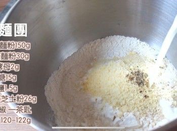 step2: 除了無鹽牛油外將剩下的材料全部放進廚師機，先低速打數分鐘逐漸成團之後再加入炒香的洋蔥和煙肉，混合好再加入軟化的無鹽牛油用中速打至光滑
（手揉的話同樣做法，成團再混合好後加入牛油搓至變光滑）