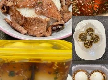 step8: #麻藥蛋# 日本雞蛋 4隻、昆布汁3倍濃度 50克、食用水 25克、味醂 10克、韓國糖漿 15克、蒜頭 2瓣
、青紅椒 各1隻、蔥粒 1湯匙、白芝麻 少許 （購買巳炒），韓國麻油 少許