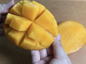 step1: 先取芒果肉，150克用來打芒果奶昔，25克直接用