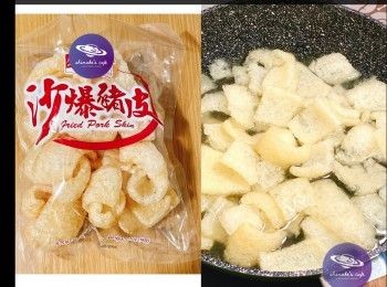 step1: 爆沙豬皮浸水1小時，沖洗沙粒，切件
煲落水滾起，放入豬皮，加1湯匙白醋，滾起熄火，過冷河，隔水渣乾水