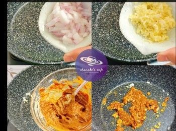 step3: 熱鑊落油，加蒜蓉乾蔥炒香。加入所有醬料 (預先拌勻)炒香，加花雕酒