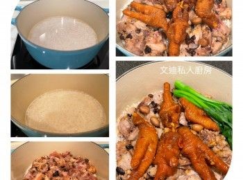 step5: 米沖洗乾淨後放入鑄鐵鍋，用煲米水份浸米10分鐘，臨烹調前攪拌一下，蓋蓋煲飯