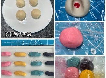 step11: 食用色素：窩位位置加入一種顏色食用色素，隔住保鮮紙搓成顏色麵糰，之後再用手搓到顏色均勻，每個顏色麵糰平均分成三份，搓成圓柱體長度約4cm，再分色排列，顏色麵糰需蓋上保鮮紙，防止麵糰風乾