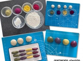 step12: 天然食用色粉：跟10步驟，慢慢加入天然食用色粉搓勻，如覺麵糰太乾身，可加少許豬油同搓。（色粉份量視乎自己喜歡的顏色。）