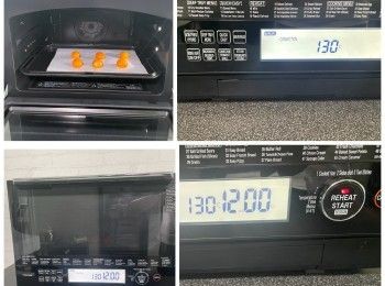 step3: 烤焗盤鋪上烘焙紙，咸蛋黃放在烘焙紙上，將烤焗盤放入水波爐下擱架，選用之模式 - 選擇按鈕 [CONVECTION / FREMENT / GRILL]，
按兩下至MANUAL PREHEAT熱風對流(不預熱)，
扭動 [PREHEAT START]按扭設置溫度為130度，
[PREHEAT START]按扭設置時間為12分鐘，
再按[PREHEAT START]按扭確定，完成後取出烤焗盤，咸蛋黃攤凍備用