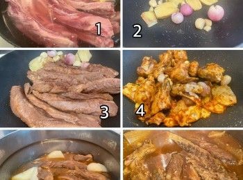 step1: 牛筋和牛肋腩先解凍，薑一嚿拍扁放入一鍋凍水內，放入原條牛坑腩和牛筋，加熱後牛肋腩轉色和排出污物盛起，牛筋多煮10分鐘盛起