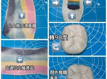 step14: <span class="group_1">水油麵糰</span>平均分成三份，麵糰搓圓後蓋上保鮮紙，取出第一份用手按壓一下，用擀麵棍擀成橢圓形薄麵糰，長度約18cm x 10cm，<span class="group_1">水油麵糰</span>中間打橫放上顏色麵糰，顏色麵糰排列可自由配搭。（今次排列粉紅色、黃色、藍色和紫色。）