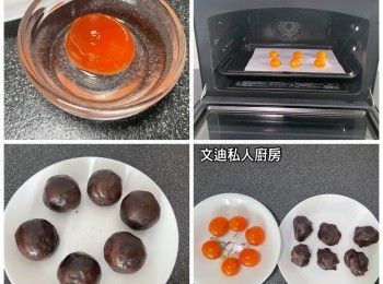step2: 鹹蛋黃需用玫瑰露酒癖蛋腥味，碗中加玫瑰露酒，加入鹹蛋黃沾上玫瑰露酒，盛起備用