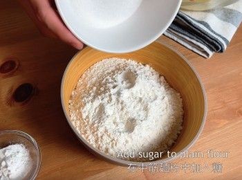 step9: 在中筋麵粉中加入糖、泡打粉