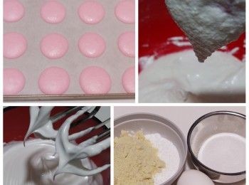 step1: 蛋白放入細碗，用電動打蛋器開高速打發，砂糖分3次加入，當第3次加入時轉中速打發，要打到硬性發泡，打蛋器提起時起尖角（如圖）
篩入糖霜同杏仁粉，用膠刮刀切拌手法拌勻，拌到提起膠刮刀馬卡龍糊呈倒三角就停，不要繼續攪拌會變得太稀易失敗
加入適量食用色素調色，放入唧花袋，係烘焙紙面唧出想要size既圓形（如圖）
唧完要係枱面大力陣下焗盤陣出空氣，如馬卡龍面有氣泡，可用牙籤輕力篤走，然後放室溫吹乾結殼面，大約1～2小時，一定要完全乾面先可以焗，可用手指輕手摸下糊面如冇沾手就表示已乾