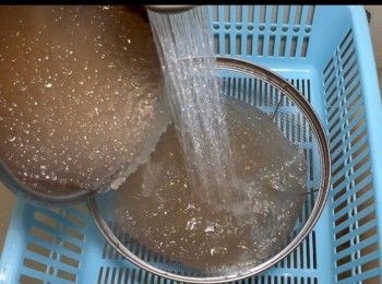 step4: 立即倒入篩子，用流動的凍水不停沖洗西米，第一可以讓西米降溫，第二可以將西米表面的黏液沖走。