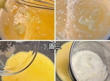 step3: 只需用手動打蛋器處理以下材料，先打發雞蛋，加入砂糖攪拌，直至砂糖溶化，加入牛奶繼續攪拌，加入檸檬皮拌勻，加入無鹽牛油液繼續攪拌，再加入少許鹽拌勻