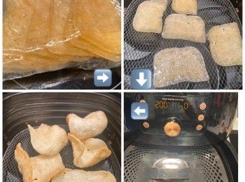 step1: 氣炸方法：蝦片放入保鮮袋，加入油，緊握膠袋口搖勻。氣炸鍋第一轉200度5分鐘，每次放4-5片，第二轉200度3分鐘，需蓋上氣炸鍋防風蓋，無防風蓋可用蒸架代替。

（不同牌子的氣炸鍋氣炸火力和時間不同，大家可先用一兩片測試。）