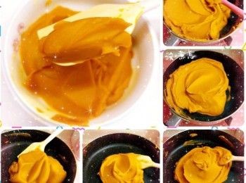 step8: 加入糖、牛油（需趁熱）和淡忌廉（分次加入，調整濃稠度），用攪拌機打成南瓜茸（如南瓜茸太濕和黏稠度不夠，可翻炒至乾身），待涼 2. 完全放涼後，將南瓜茸分成2部份（45 g＋115 g※裝飾用，加入唧袋，封口），放進雪櫃冷藏，備用