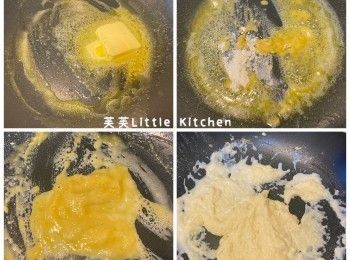 step2: 牛油小火煮溶，放入麵粉炒成麵糊，逐少倒入牛奶，煮成白醬。