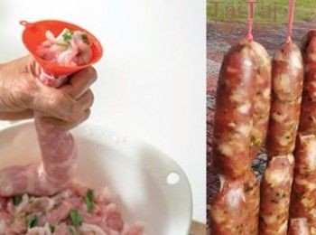 step2: 乾燥鹽漬腸衣泡水脫鹹，灌入作法１香草肉餡，吊掛風乾５個小時即完成。