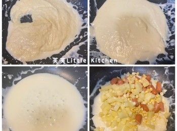 step3: 將一半白醬盛起，倒入1碗水、鹽、雞粉及胡椒粉，煮成白汁。