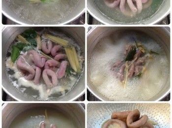 step1: 將Ｂ所有材料放入清水鍋中煮滾，放入豬粉腸，以小火滷煮到熟軟，撈起備用。