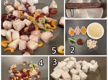 step1: 蝦米洗淨後用水浸軟備用，臘腸用熱水汆水1分鐘，臘腸去腸衣切粒，芋頭削皮切方粒，乾蔥切片，鹹蛋切粒，蔥白段留起，其餘切蔥粒，上湯/浸蝦水加入少許鹽攪勻