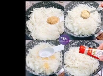 step3: 熱鍋下油，加入蘿蔔、糖炒勻。
加入雞粉、鹽、胡椒粉，炒至蘿蔔軟身，熄火