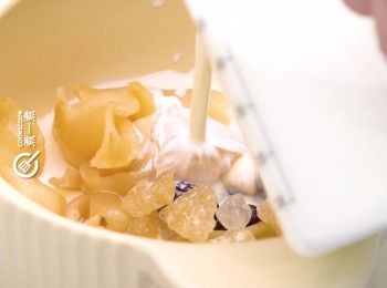 step7: 將鮮奶、冰糖、紅棗、蓮子及花膠，全部放入燉盅內，
Put milk, rock sugar, red dates, lotus seeds and fish maw in a double steam pot.