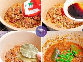 step3: 加入月桂葉、雞湯拌勻，加蓋小火炆煮30分鐘，不時攪拌，如不夠水份再加少少水煮，最後加入青豆