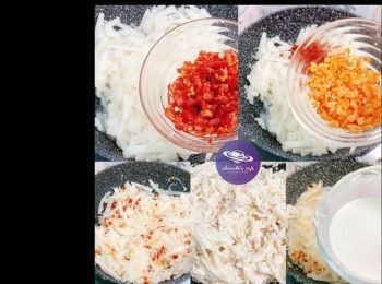 step6: 開中火，加入蝦米、臘腸與蘿蔔炒勻，熄火。
慢慢加入粉漿拌勻，視乎稠杰度才加水