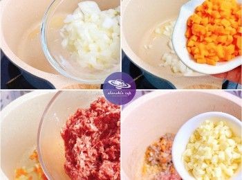 step2: 熱鍋落油，加入洋蔥、甘荀粒炒香。加入免治牛肉、蒜蓉、茄膏、生抽炒勻