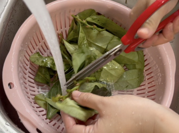 step3: 洗淨龍脷葉，剪掉莖(如有)