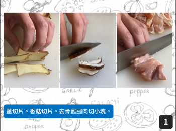 step1: 薑切片。香菇切片。去骨雞腿肉切小塊。