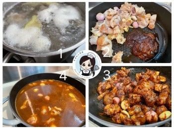 step1: 牛筋和金錢肚預先解凍。 薑一嚿拍扁放入一鍋凍水內，放入牛筋，加熱到排出雜質，再多煮10分鐘盛起，沖洗乾淨備用