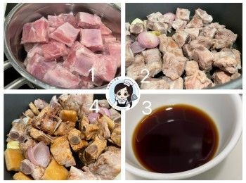 step1: 排骨解凍，用鹽浸洗排骨，排出血水，再過清水，隔水盛起備用。乾蔥、蒜頭和薑片略拍備用。鎮江浙醋、生抽和老抽混合攪勻備用