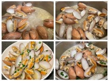 step3: 炒到花甲王開始熟，贊入金箔清酒/清酒和雞湯，蓋蓋煮大約三分鐘，開蓋炒到花甲全部打開殼。（請邊炒邊盛起已熟花甲。）