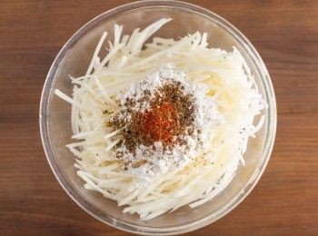 step2: 接著將馬鈴薯絲與麵粉、綜合香料、鹽巴、辣椒粉混合均勻。
