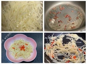 step1: 土豆絲做法：
 薯仔刨皮，切成幼絲，用水浸住土豆絲，加入白醋和鹽各1茶匙，浸5分鐘，隔去水份，再次加入水份攪勻，換水直至土豆絲水清澈，隔水盛起，用廚紙印乾水份