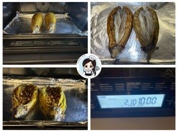 step6: 茄子鋪上蒜蓉醬汁，焗爐不需預熱，爐溫設210度 時間設10分鐘