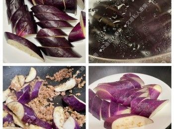 step1: 先用醃料醃豬肉。鹹魚沖一沖水，用廚紙印乾水，去骨再切粒備用。乾蔥及蒜頭剁碎備用，醬汁材料混合，茄子只清洗表面備用，