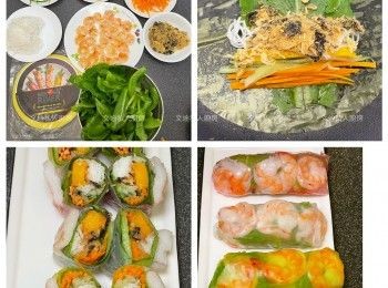 step1: 檬粉/米粉需預先煮熟，隔水盛起攤凍備用。大蝦仁預先解凍，再用少少鹽加入水中拌勻，水滾後大蝦仁煮熟，攤凍後用刀沿蝦背介成兩件備用。羅馬生菜洗淨隔水，生菜用綠色葉子部份，可預先修剪一下。青瓜切絲、甘筍切絲、芒果切粗條。預備一隻鑊或一隻有深度大碟，足夠放入米紙卷，碟中加入和暖飲用水備用。另外預備一隻大碟用作包米紙卷。