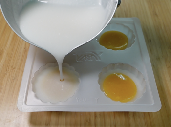 step4: 將溶液倒入模具至不見底層圖案，放入芒果餡，將溶液倒入模具至滿，撈掉氣泡