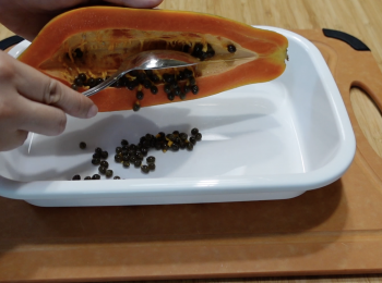 step2: 用水清洗木瓜，切半，挖掉木瓜籽