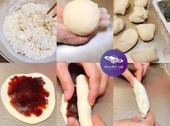 step1: 熱水加入麵粉中，用筷子拌勻，再加入冷水拌勻，用手搓成光滑麵糰，蓋上保鮮紙靜止20分鐘。將麵團分割50g一個，擀成2mm厚圓形餅皮，塗上豆沙，捲起，封口