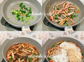 step2: 白鑊炒雪菜至乾身。落油，加入鴨胸、辣椒炒。加入蠔油、雞粉、糖、老抽、麻油，水150ml、米粉，煮滾後試味，如太鹹再加水，炆煮至收汁