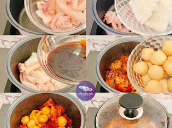 step2: 熱鍋不用落油，放入水魷、豬皮炒；加入調味醬炒勻；加蓋細火煮5分鐘；加入魚蛋，加熱水2湯匙，加蓋煮7分鐘