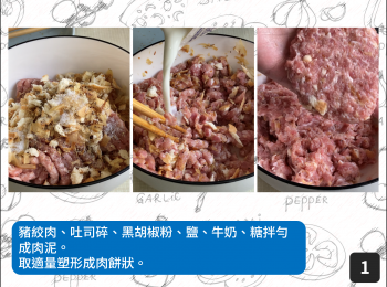 step1: 豬絞肉、吐司碎、黑胡椒粉、鹽、牛奶、糖拌勻成肉泥。取適量塑形成肉餅狀。