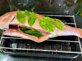 step10: 三鬚魚清洗後 , 將胡椒粉 , 蝦粉 , 魚露塗抹在魚身 , 九層塔及檸檬葉稍為搓揉 , 在入魚肚及魚身上醃 1 小時 .